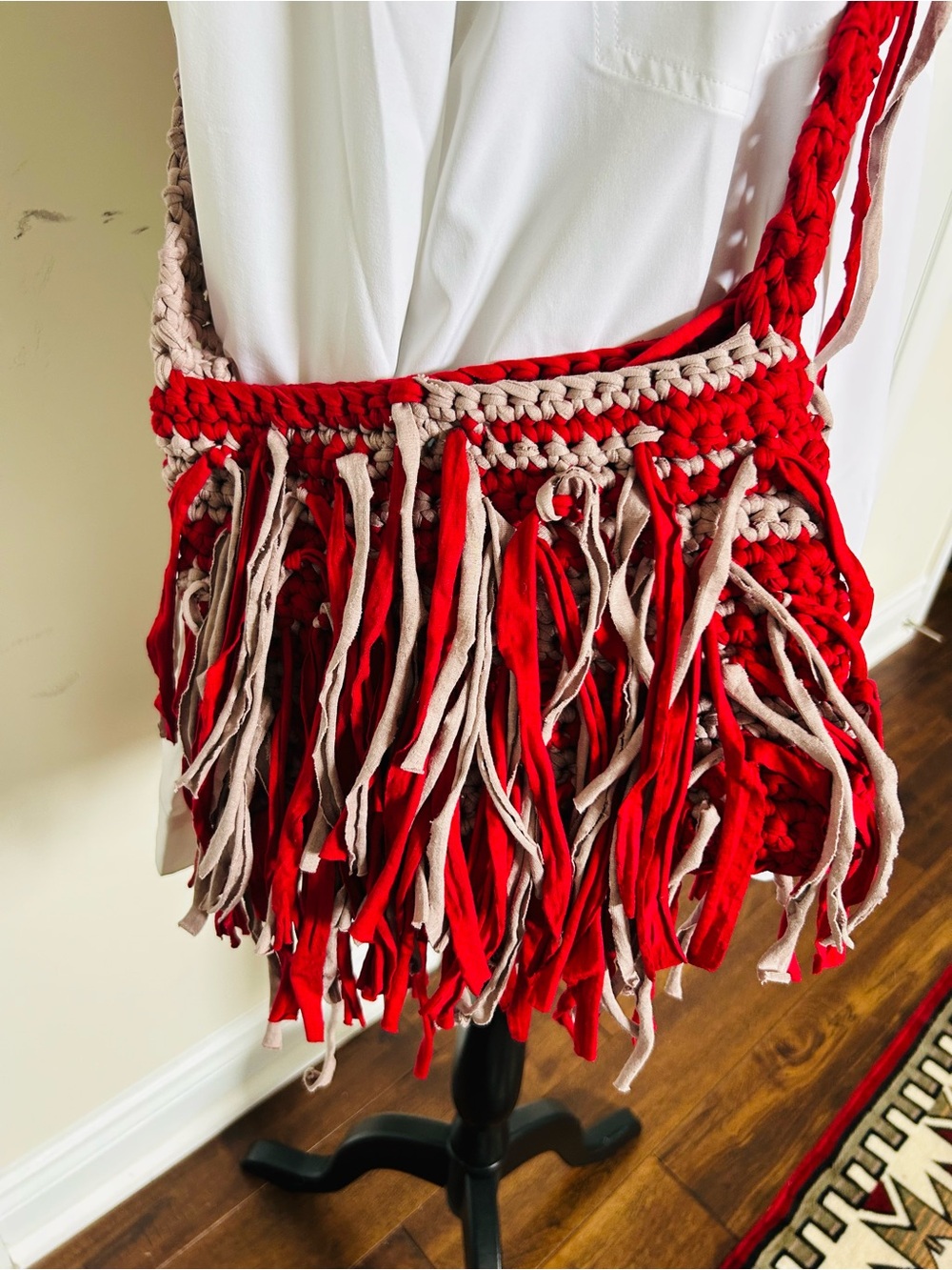 Handcrafted Red and Beige Crochet Fringe Shoulder Bag